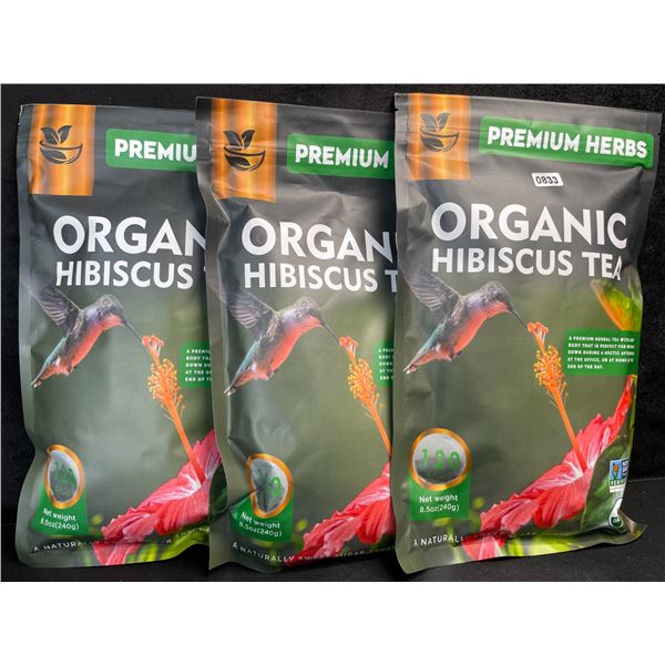 3 Bags of Premium Herbs Organic Hibiscus Herbal Tea - 120 Tea Bags Each - New (Exp: 02/2026)