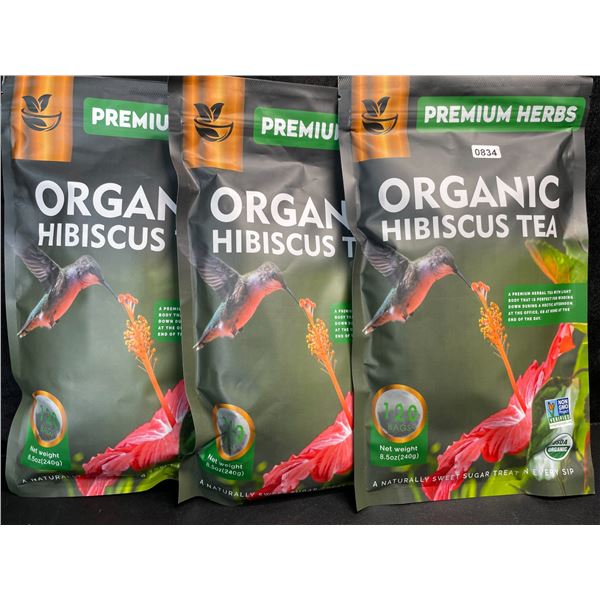 3 Bags of Premium Herbs Organic Hibiscus Herbal Tea - 120 Tea Bags Each - New (Exp: 02/2026)