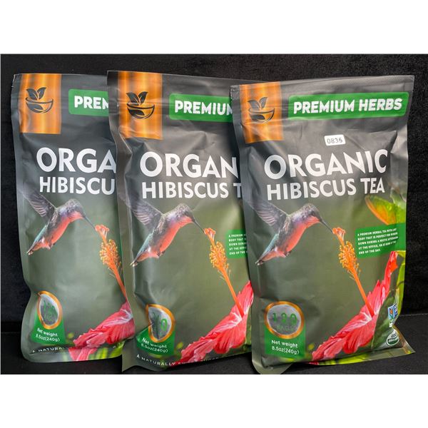 3 Bags of Premium Herbs Organic Hibiscus Herbal Tea - 120 Tea Bags Each - New (Exp: 02/2026)