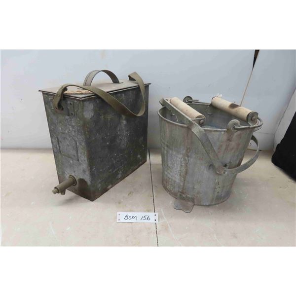 Vintage Galvinized Pail with Wringer + Railroad Water Cooler 