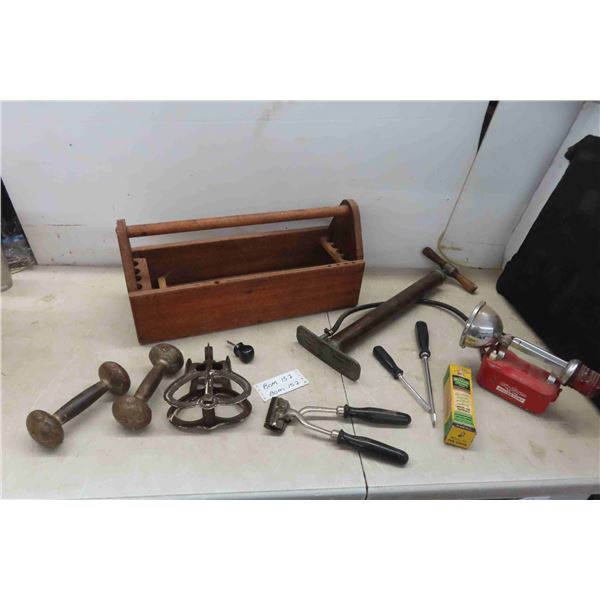 Carpenters Tool Box with Big Beam Flashlight, Tire Pump,