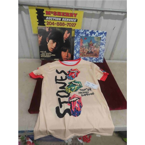 (2) The Rolling Stones LP Records & a Mens Tour T-