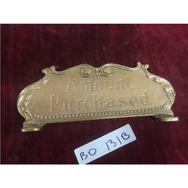 National Cash Register Brass Top Sign ''Amount 