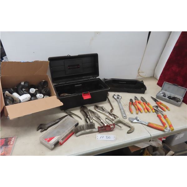 Tool Box with Pliers, Vise Grips, Wrenches, Screwdriver Bits, 