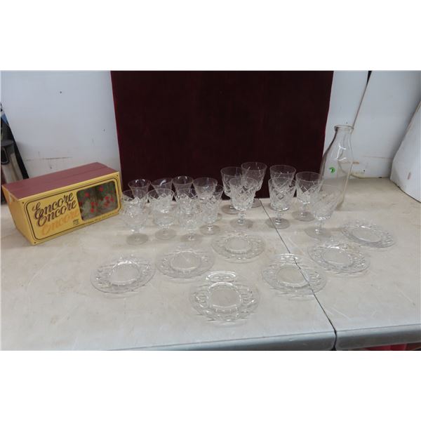 Crystal Glasses, Side Plates, New Old Stock Libbys Encore Glasses, Milk Bottle 