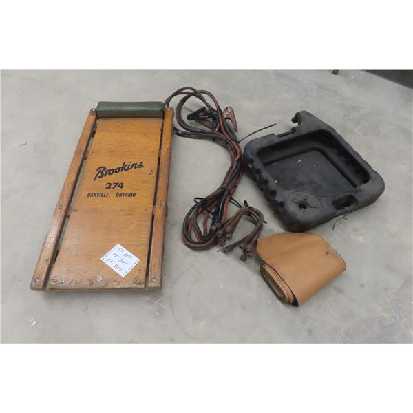 Oil Drain Pan, Booster Cables, U Bolts, Roll of Rubber