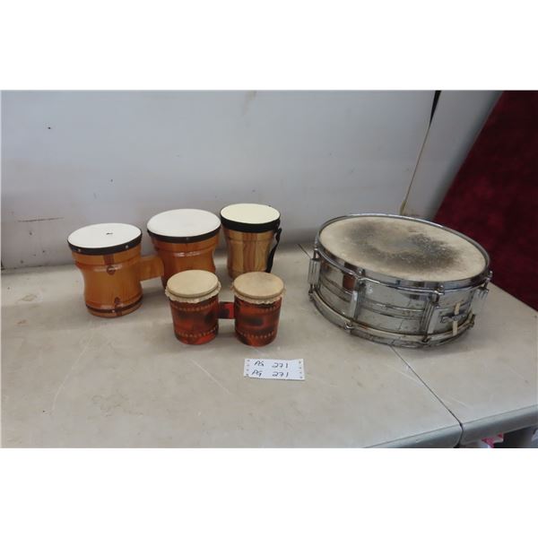 3 Sets of Bongo Drums, 1 Snare Drum " Silverstone" 14 1/2 Diameter
