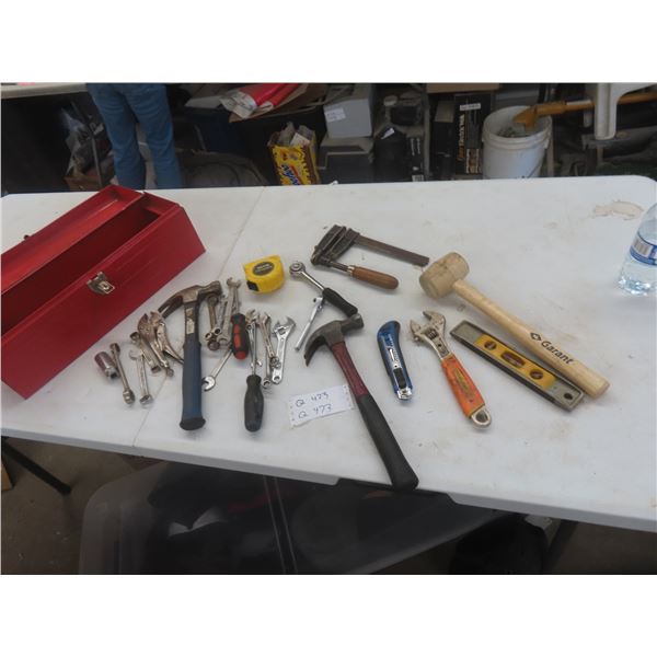 Metal Tool Box, Hammer, Vice Grips, Clamp, Wrenches +
