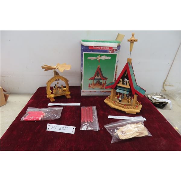 2 Vintage Christmas Pyramid Fans 7"+13" Tall 