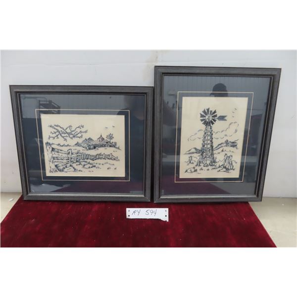 2 Blue Needlework Pictures 12x14 1/2 