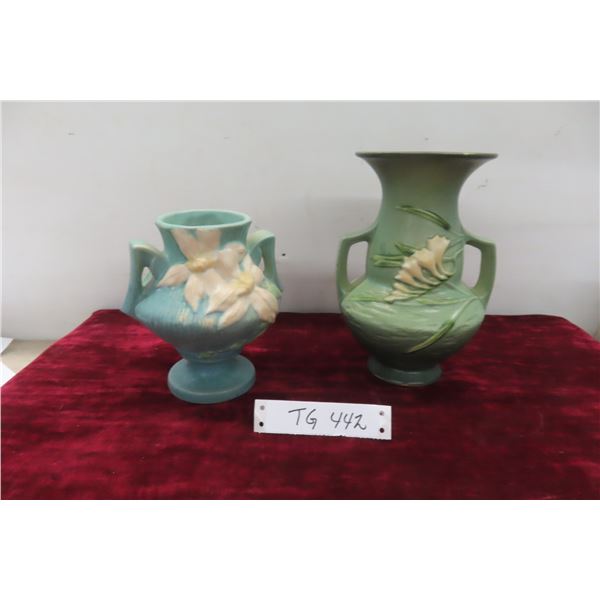  2 Pieces Roseville Pottery: Friesia Pattern Double Handled Vase 8.5" and Double Handles Clematis Pa