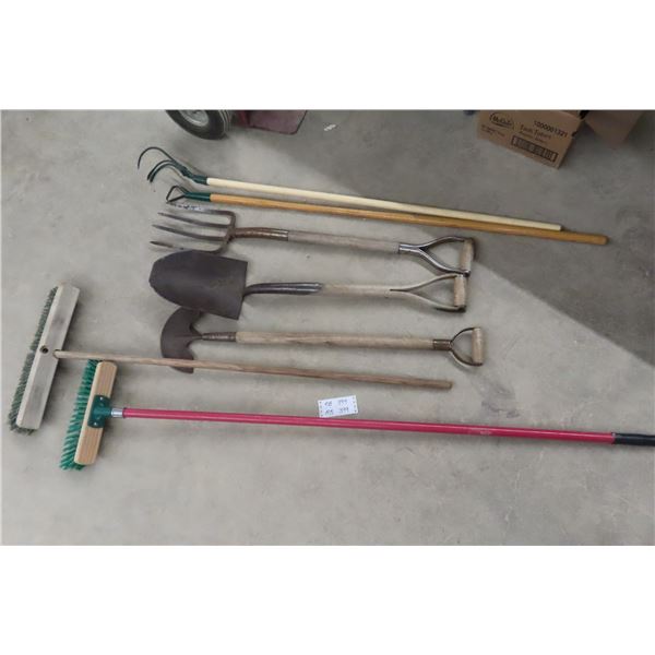 Yard Tools: Potato fork, Edger, Spade, Hoe + Brooms 