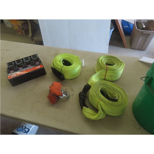 3 Tow Straps + 4 New Load Ratchet Tie Downs 