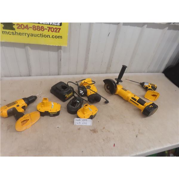 Dewalt 18v Angle Grinder, Drill, Light, Charger and 4 Batteries 