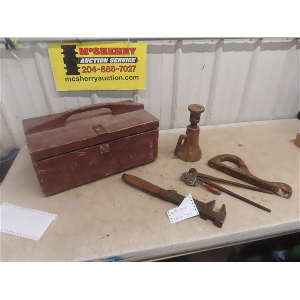 Wood Box Building Jack, Old Pipe Wrench, Hoof Trimmer