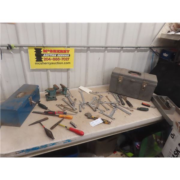 2 x Tool Boxes, Vise, Wrenches, Chipper Hammer, Crescent Wrenches