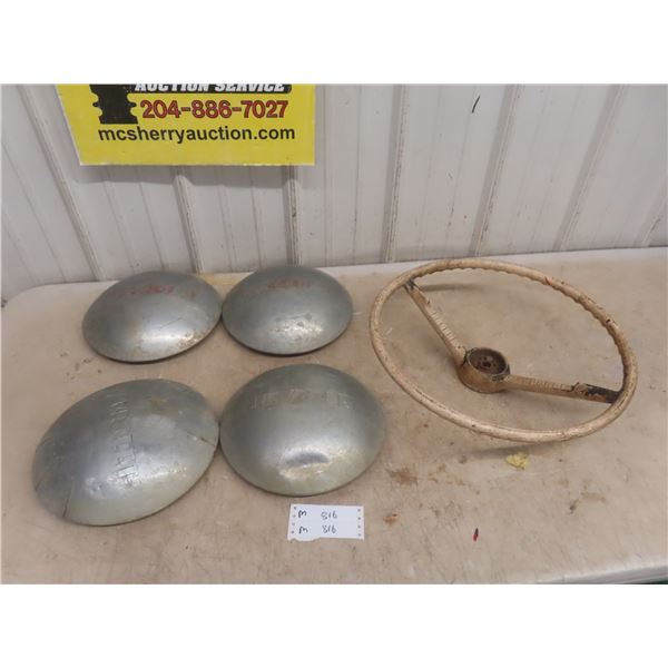 4 Matching Chevy Vintage Hub Caps + Steering Wheel