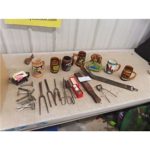 Shaving Strop, Razors, Old Curling Irons +