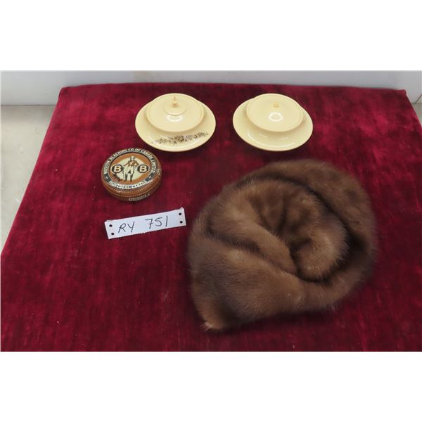 Vintage Ladies 1950 Mink Had Babelite French Ivory Dresser Containers and Shoe Polish Tin