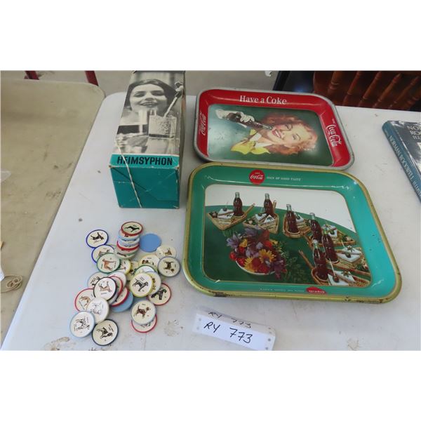 2 Vintage Coke Trays, Soda King Rechargeable Soda Syphon 