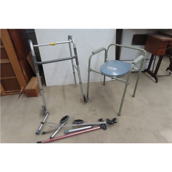 Handicap Medical Assists Walker, Commode Chair, Cane, Riach Grabbers 