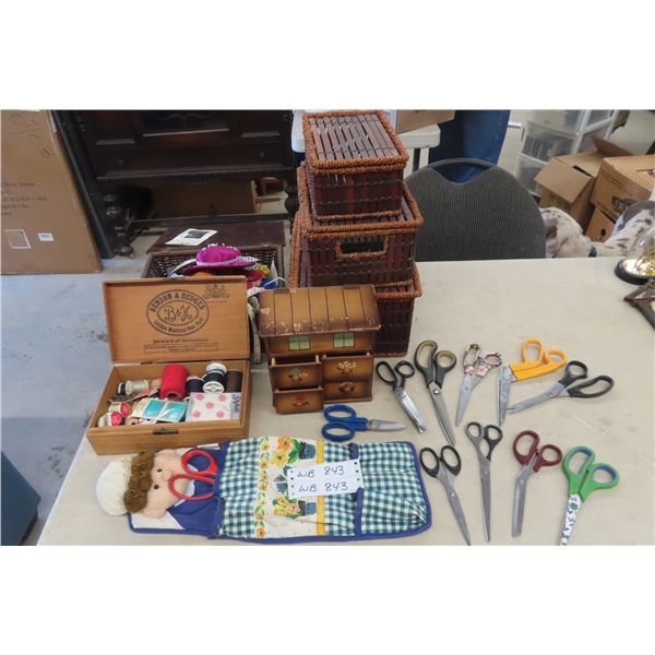 Sewing Pkg Scissors, Notions, 3PC Nesting Boxes and More