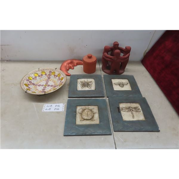 Friendship Circle Terra Cotta Sugar Bowl, Decorative Plate 4 Bug Pictures 8x8''