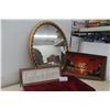 Image 1 : Oval Framed Mirror 31x25 Velvet Style Picture 14x23 and Slogan Sign 