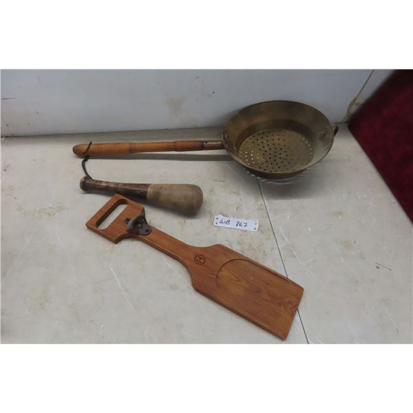 Vintage Cream Brass Skimmer Pestle Wood Wall Mount Bottle Opener