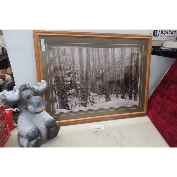 Oak Framed Picture 31 1/2x41 and Wood Carved Moose 16'' Tall Great for The Cabin 