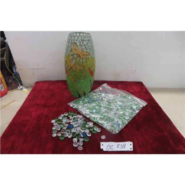 Glass Decorating Marbles and Dragonfly Vase 12 1/2'' H