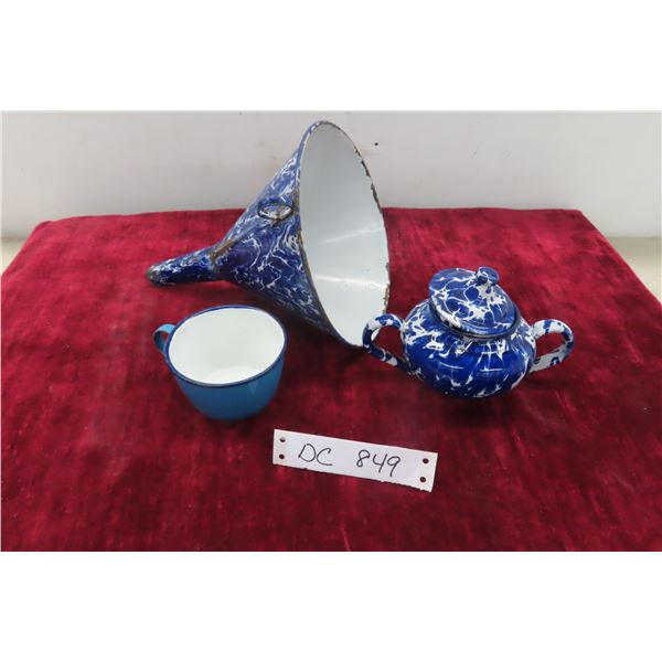 3 Pieces Enamel Ware Funnel Sugar Bowl with Lid and Coffee Mug