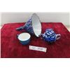 Image 1 : 3 Pieces Enamel Ware Funnel Sugar Bowl with Lid and Coffee Mug