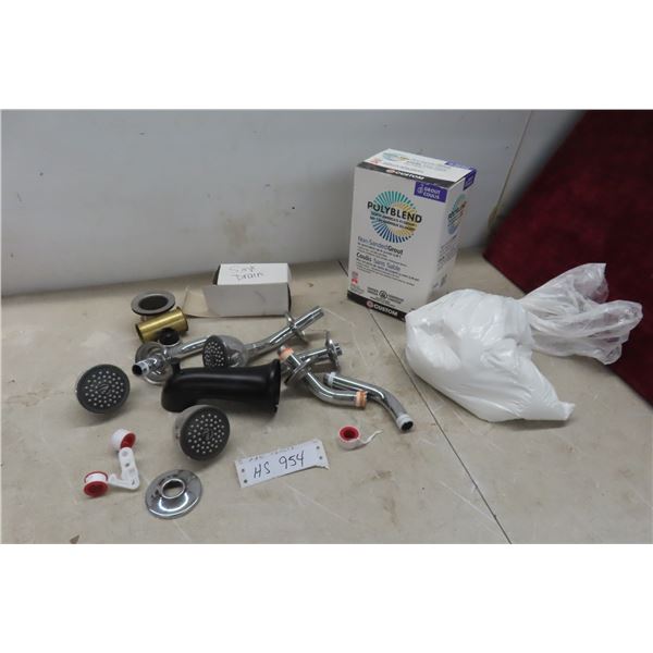 Plumbing Fixtures Sink Drain, Shower Head, Teflon Tape and Polyblend Non Sanded Grout 1/2 Bag
