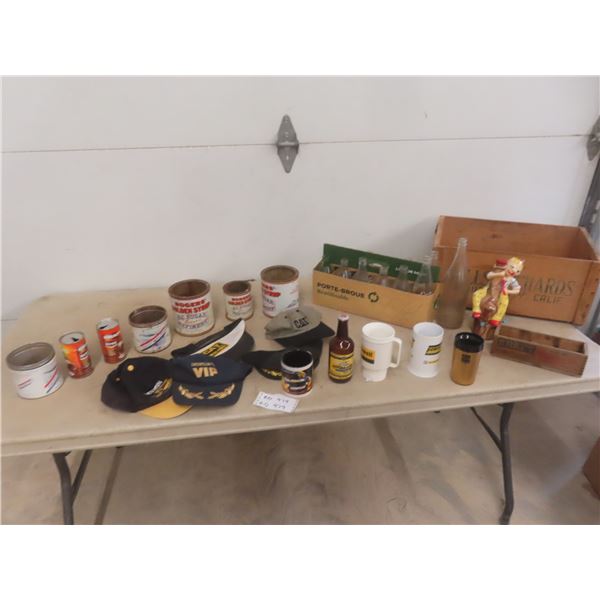 Fruit Crate , Honey Jars, Pop Bottles, + Cans , Cat Advertisement on Caps + Cups 