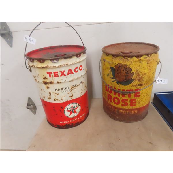 2x 5 Gallon Oil Pails 1) White Rose, Texaco