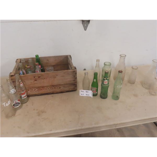 Wooden Pop Crate with Pop Bottles + Milk Bottles 