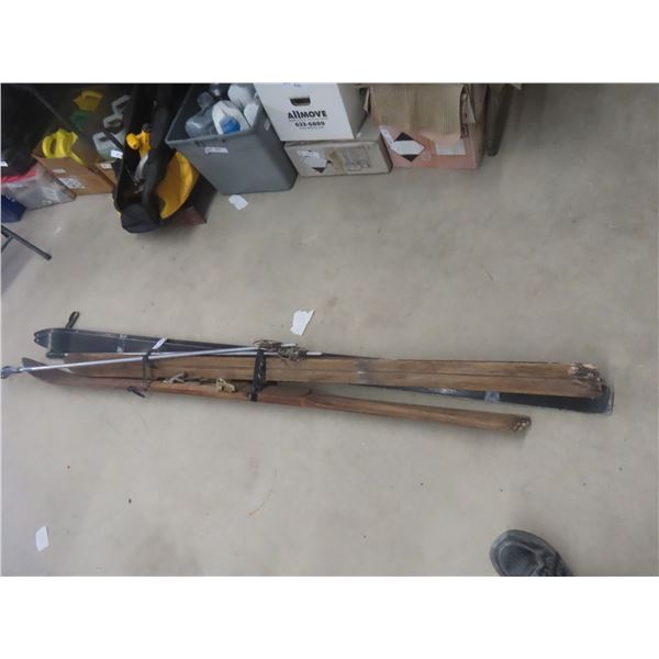 2 Pair Skis One Set Wooden - Vintage 
