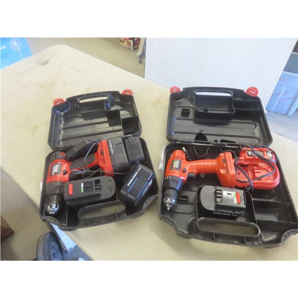 2 x  Black and Decker 14.4 Drills with Battery, Charger + Case 