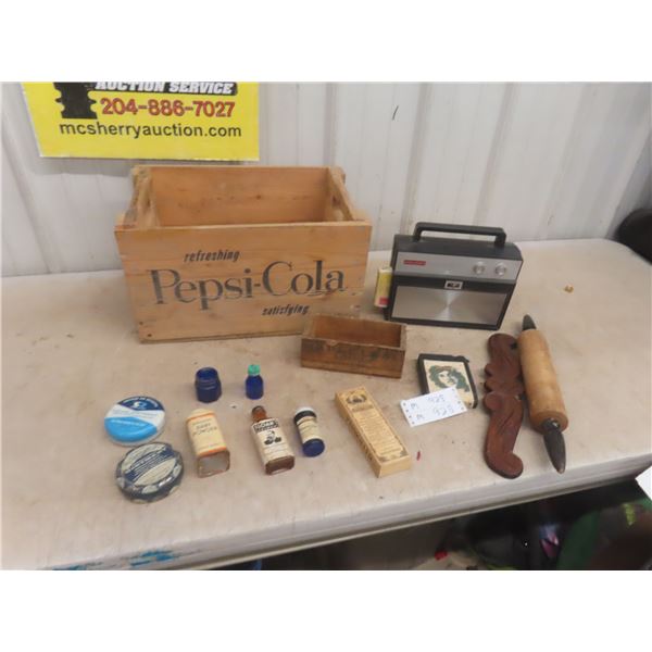Poplar Wood Crate, Old Medicine Bottles + Tins +