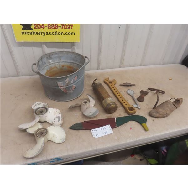 3 Boat Propeller, Brass Fire Extinguisher, Old Wrench + 