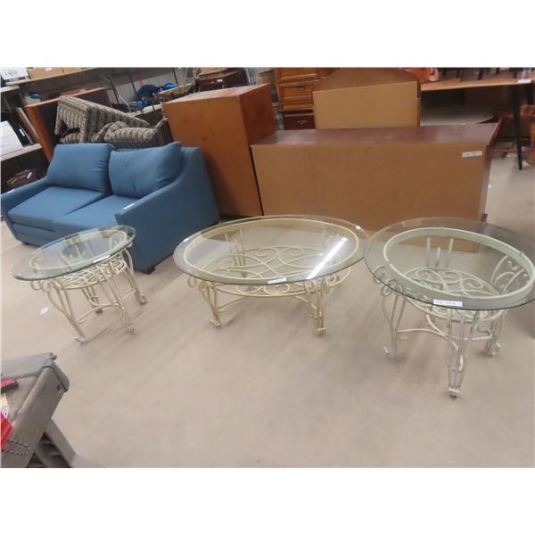 3 Piece Wrought Iron + Glass, Coffee Table, 17" x 31"x 46" + 2 End Tables 22"x 28" x 25 "