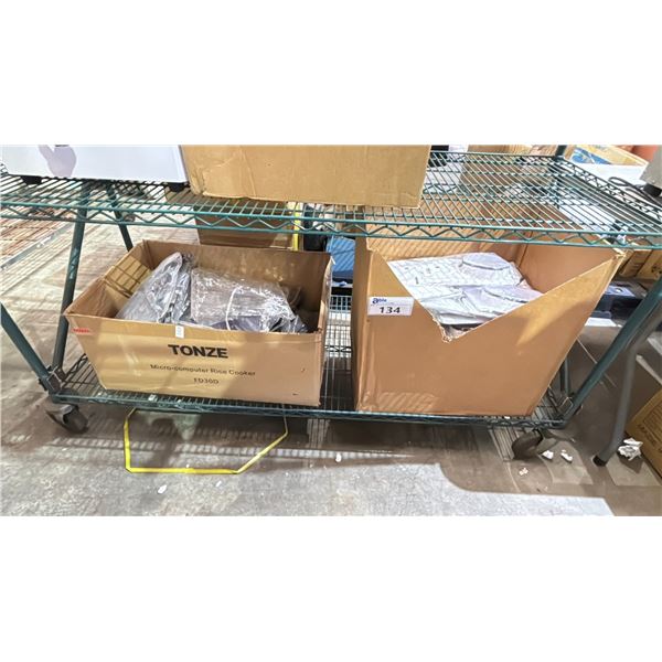 BOX OF WHITE BUTTON UP COLLARED SHIRTS & BOX OF HALF APRONS
