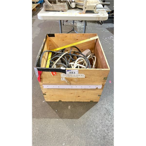 CRATE OF ASSORTED ITEMS INCLUDING; POWER CABLES, SQUARE, STRING LENGTHS & MORE