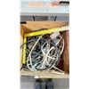 Image 2 : CRATE OF ASSORTED ITEMS INCLUDING; POWER CABLES, SQUARE, STRING LENGTHS & MORE