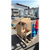 Image 1 : PALLET OF ASSORTED ITEMS INCLUDING; SAFETY CONES, ULINE STACKING CHAIRS AND SMALL END TABLE