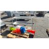 Image 1 : PALLET OF ASSORTED ITEMS INCLUDIUNG; ULINE METRO STYLE RACK 48" X 18" X 32", SAFETY CONES & SIGN