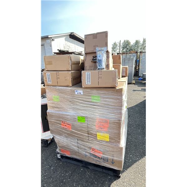 PALLET OF ASSORTED SHOES, 1/4" PURPLE RIBBON & PAINT BRUSHES