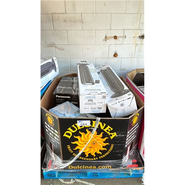 PALLET OF ASSORTED ITEMS INCLUDING; TOWER FANS, MICROWAVE, PORTABLE NECK FAN & MORE (UNKNOWN