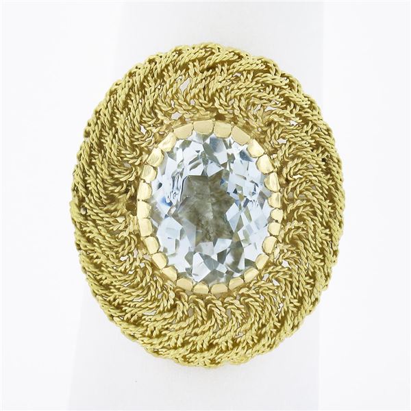 Vintage 18K Gold Oval Aquamarine Solitaire Braided Hand Wire Work Cocktail Ring